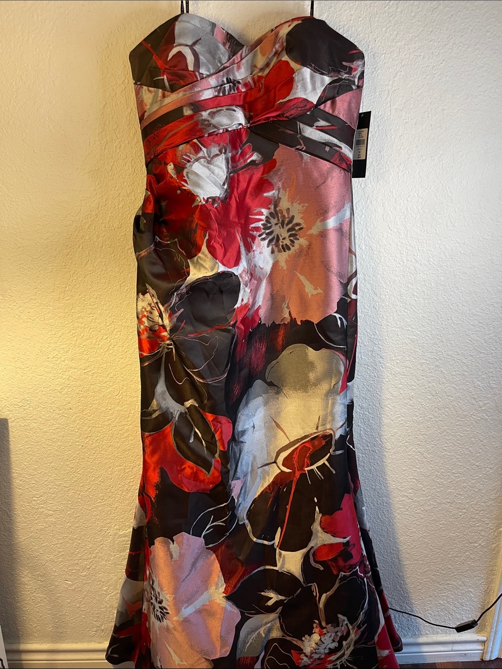 David Meister Strapless Floral Satin Gown in Red, Black & Silver